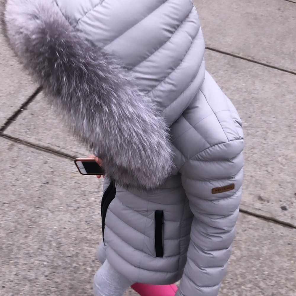 Mackage Light Gray Puffer Jacket with Fur Trim - Kids